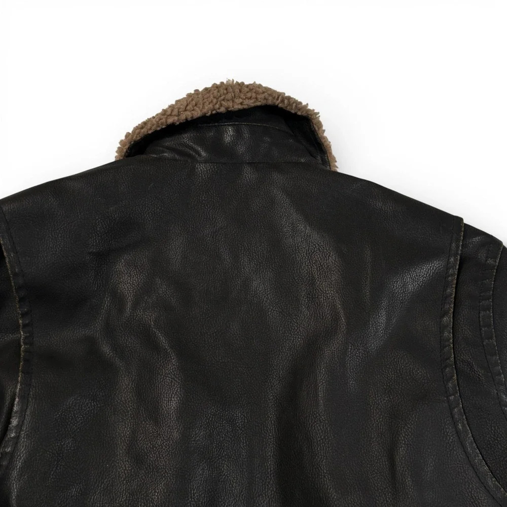 Aeropostale Faux Vegan Leather Jacket Sherpa Collar Brown Mens Small Bomber‎